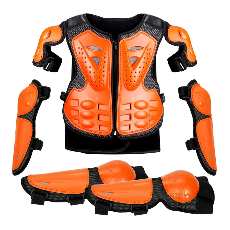 Armure de motocross enfant complète : gilet, coudières, genouillères, couleur Orange