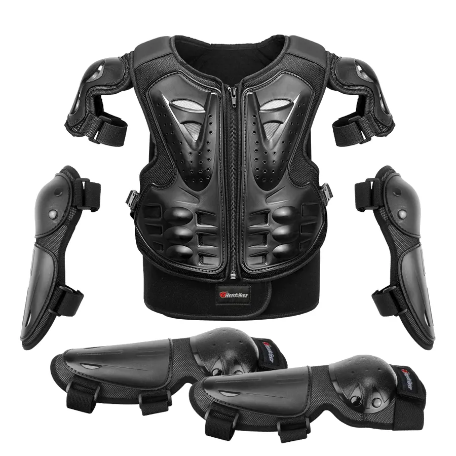Armure de motocross enfant complète : gilet, coudières, genouillères, couleur Noir