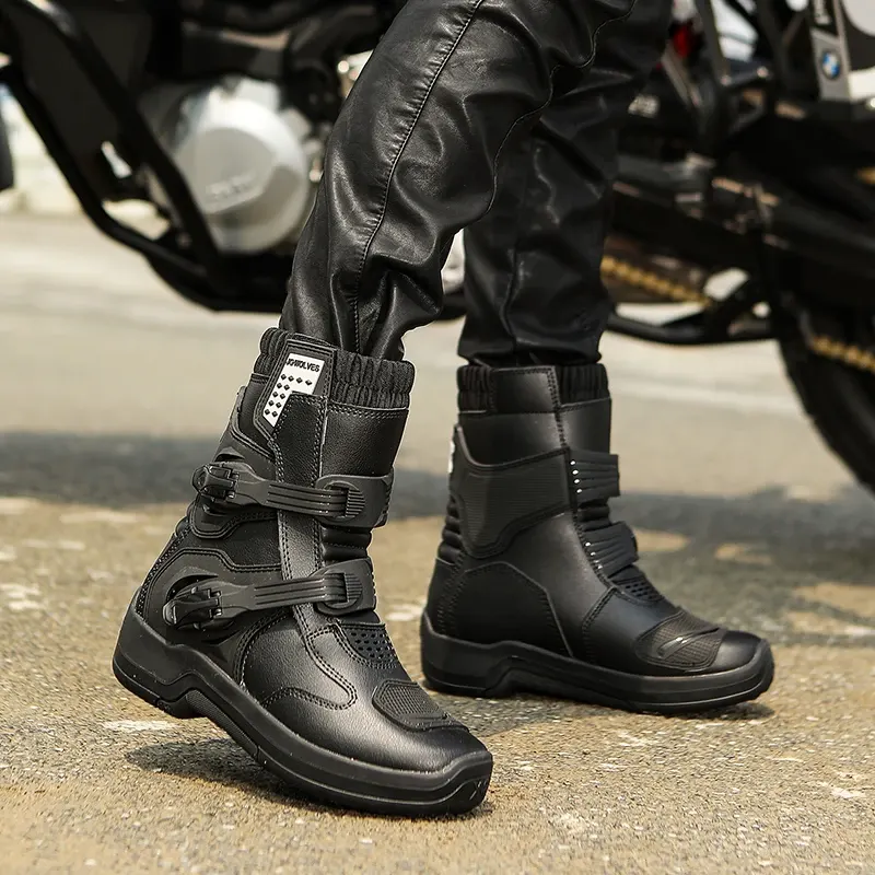 Bottes moto trail en cuir imperméables, double boucle, photo 6
