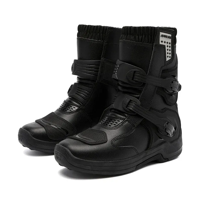 Bottes moto trail en cuir imperméables, double boucle, couleur Noir
