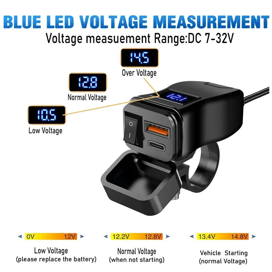 Chargeur USB moto guidon 60 W avec voltmètre, photo 2