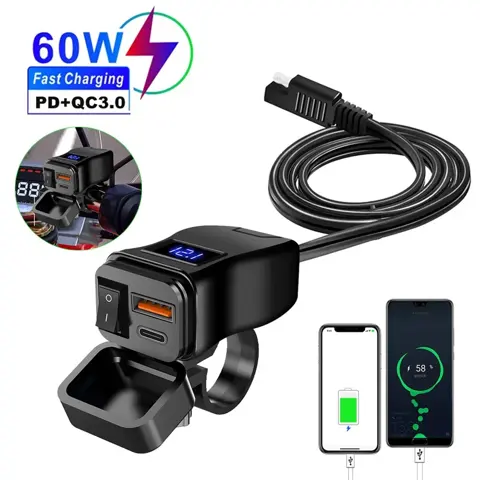 Chargeur USB moto guidon 60 W avec voltmètre