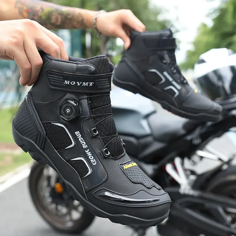 Chaussures moto montantes à serrage rotatif, renforts talon et orteils