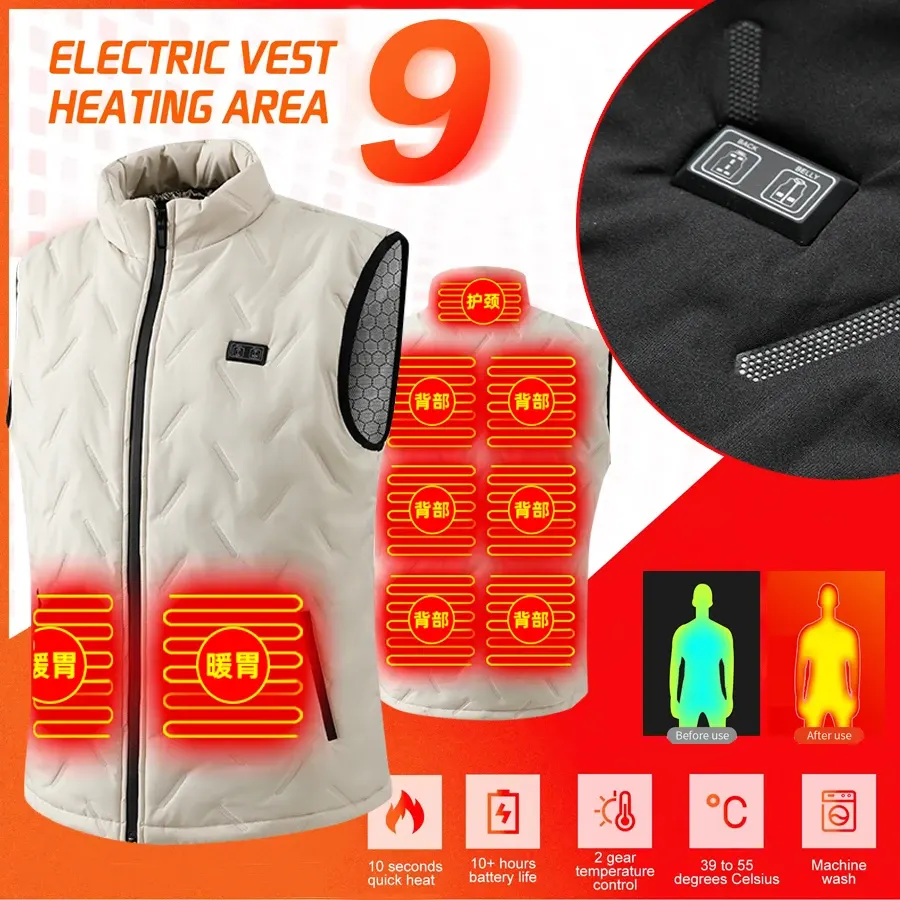 Gilet chauffant USB 9 zones, 3 niveaux de chaleur, homme et femme, photo 6