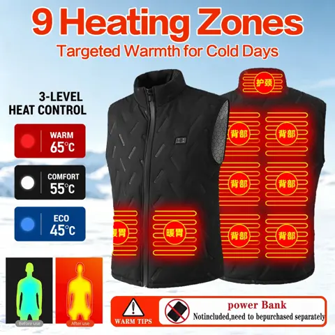Gilet chauffant USB 9 zones, 3 niveaux de chaleur, homme et femme