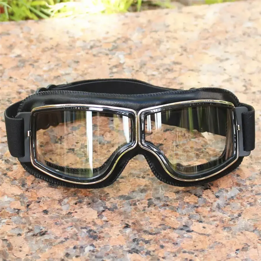 Lunettes moto vintage aviateur en cuir, couleur Noir