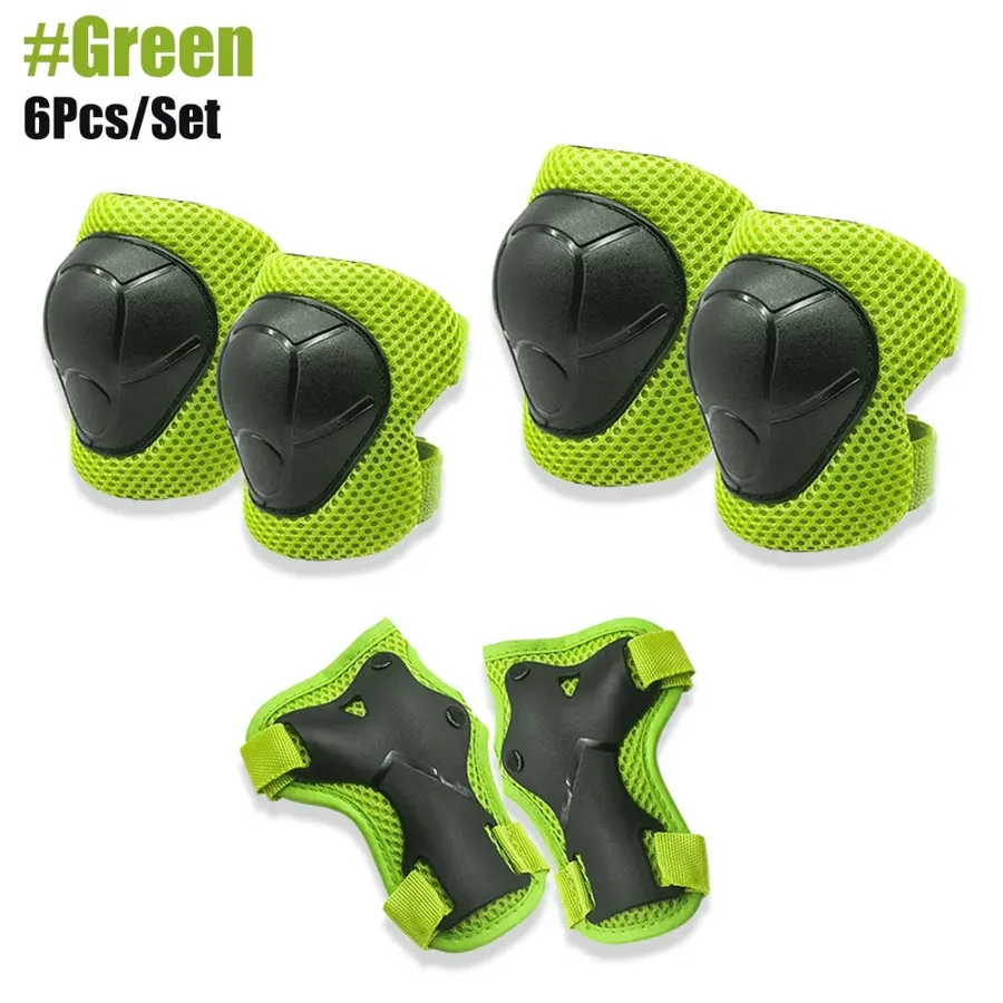 Protections enfant genoux, coudes et poignets (6 pièces), 3 à 15 ans, couleur Vert